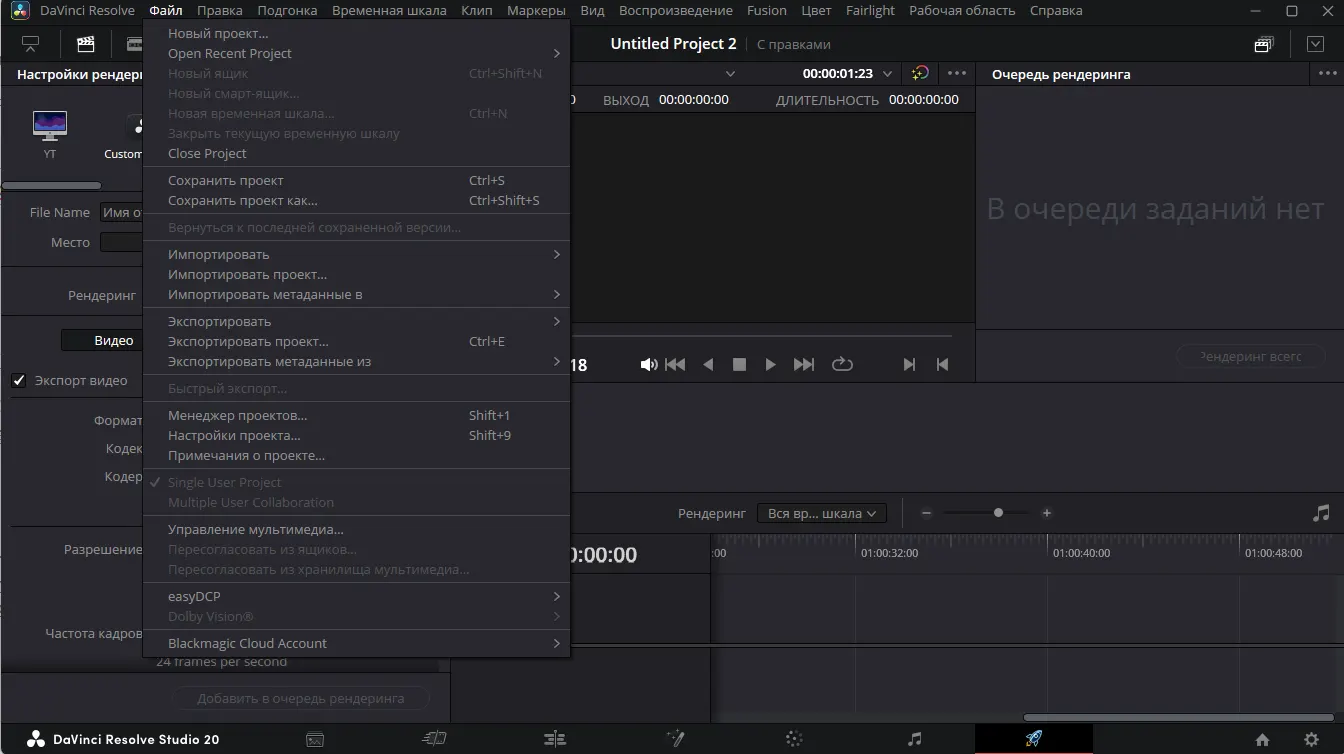 Вкладка Файлы в программе DaVinci Resolve