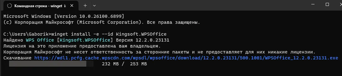 Установка WPS Office при помощи Winget 