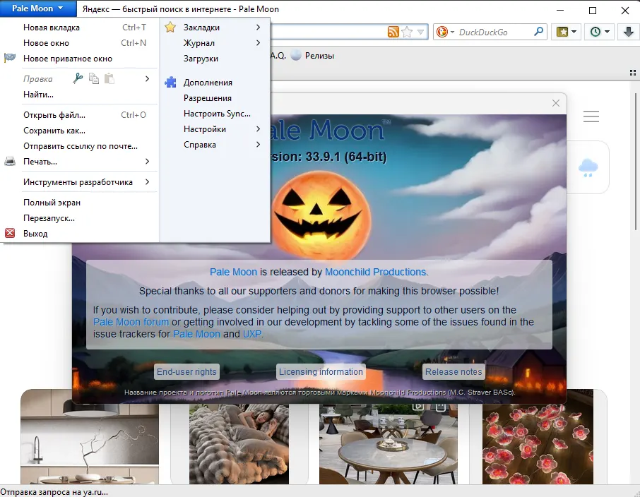 О программе и меню Pale Moon