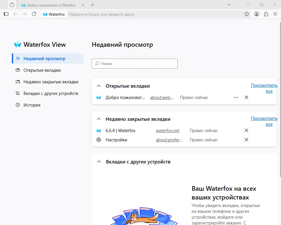 Интерфейс Waterfox 