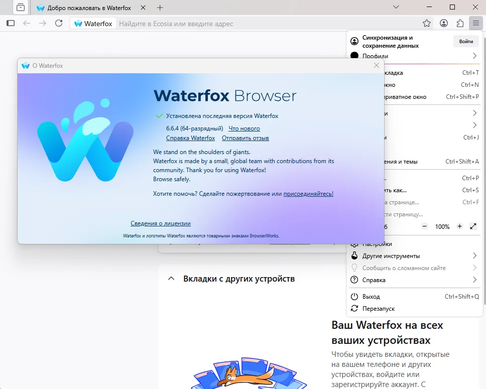 о программ и меню Waterfox