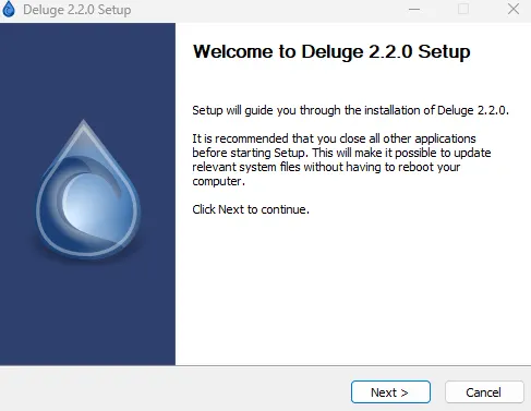 Процесс установки Deluge