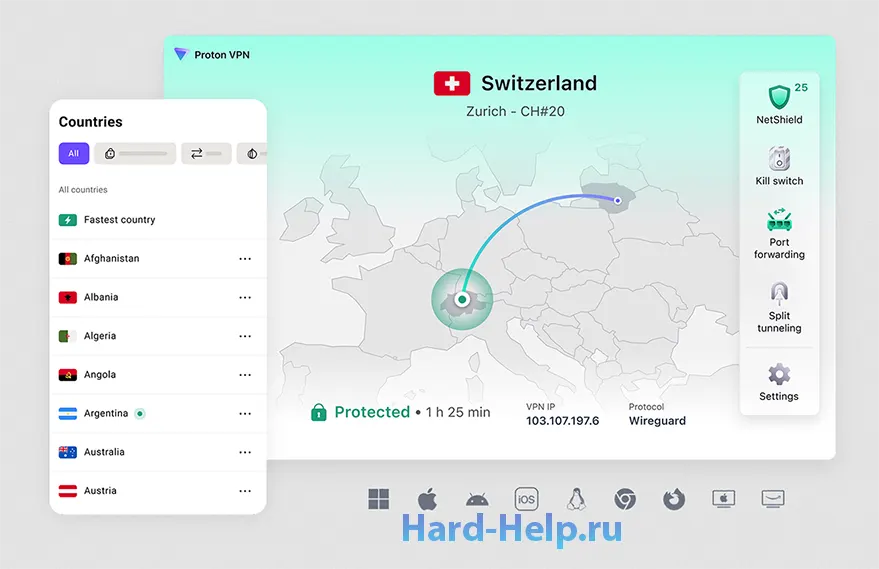 Интерфейс Proton VPN Free