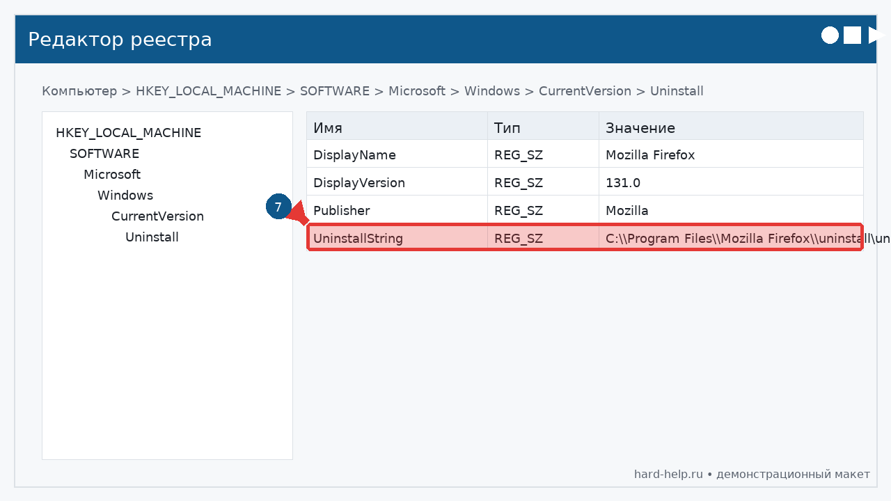 Редактор реестра — ветки Uninstall (аннотировано)